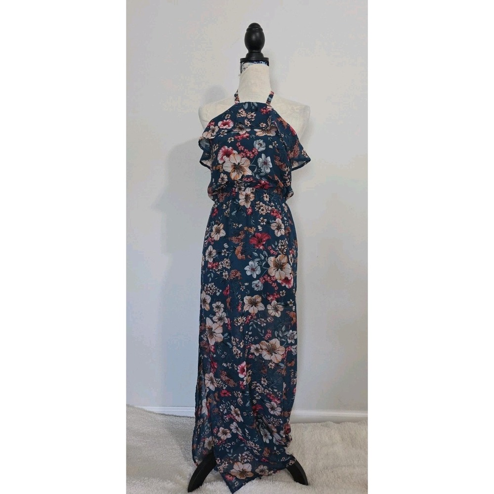 Womens Haute Monde Floral Halter Dress Green Red Floral Date Night Slit Tie Neck